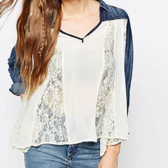 Free People denim and lace top - Picture 4 of 9